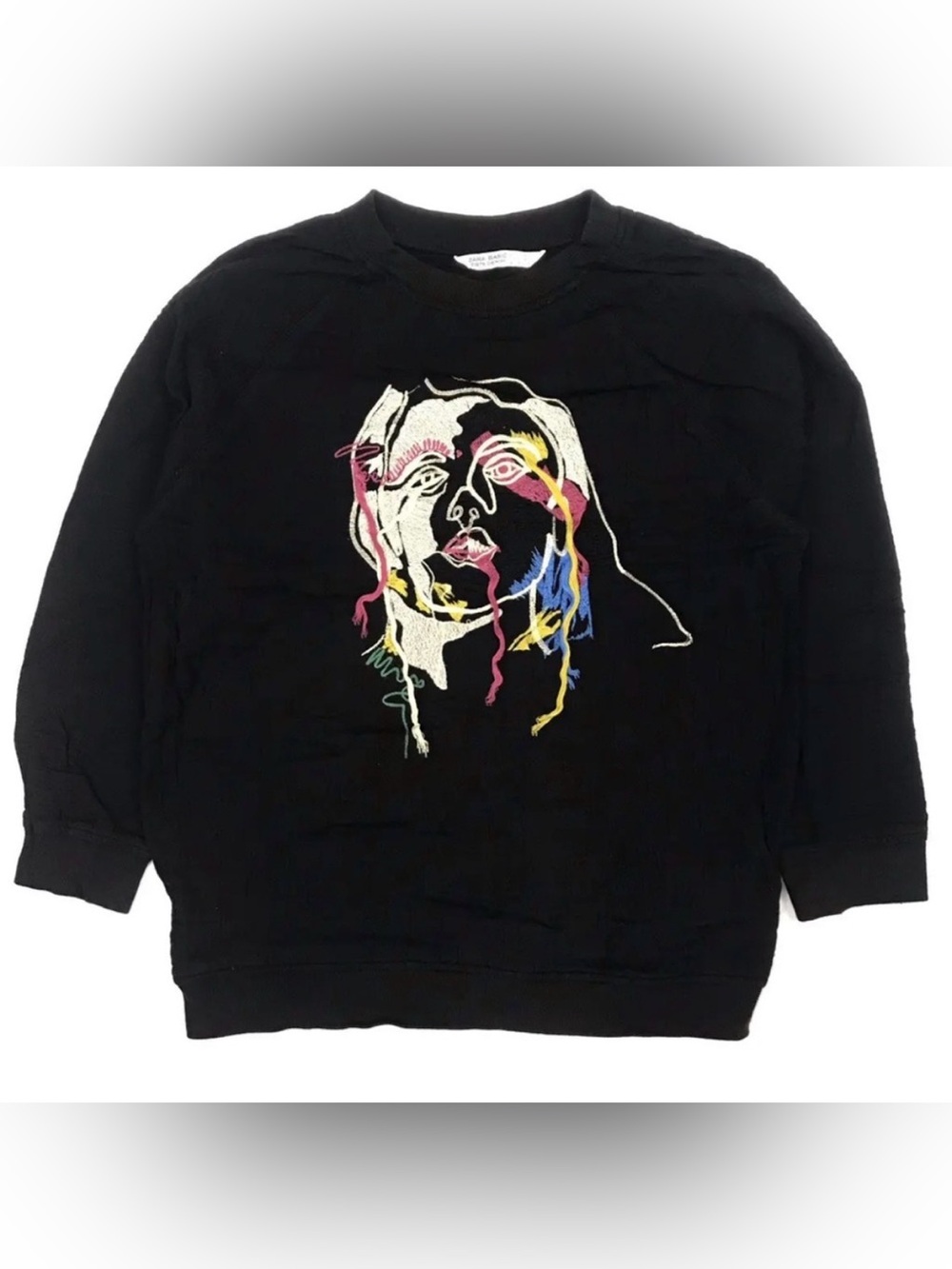 Zara Abstract Art to Wear Black Sweatshirt Embroidered Face Size Medium